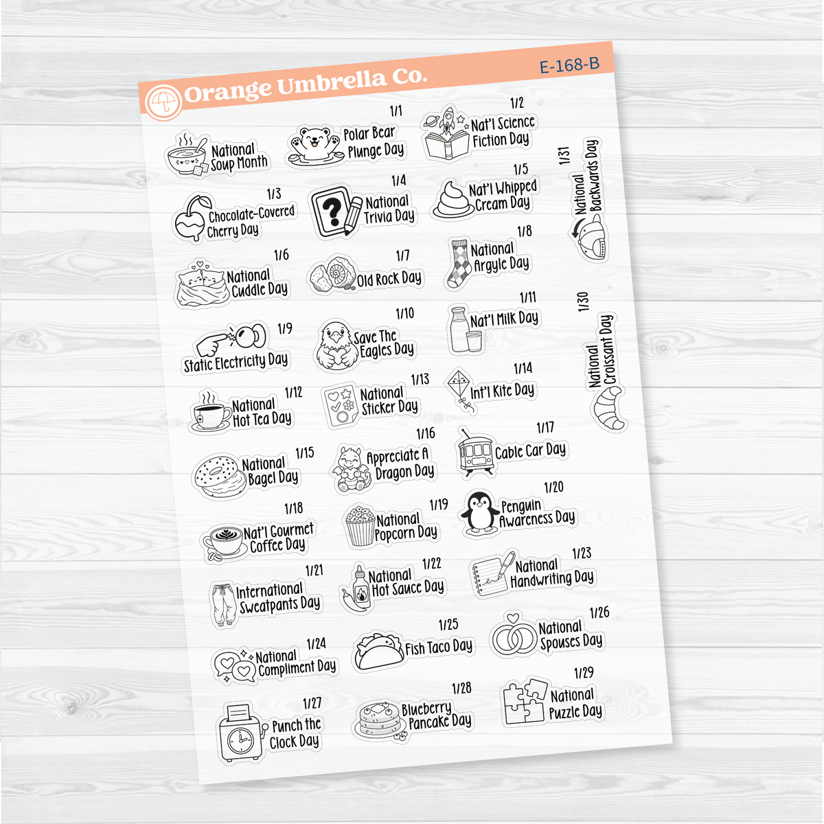 January F18 wacky holiday sticker sheets with black outline illustrations, holiday names, and dates on clear matte paper.
