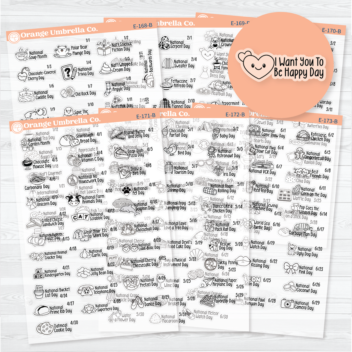 January–June F18 wacky holiday sticker sheets with black outline illustrations, holiday names, and dates on clear matte paper.