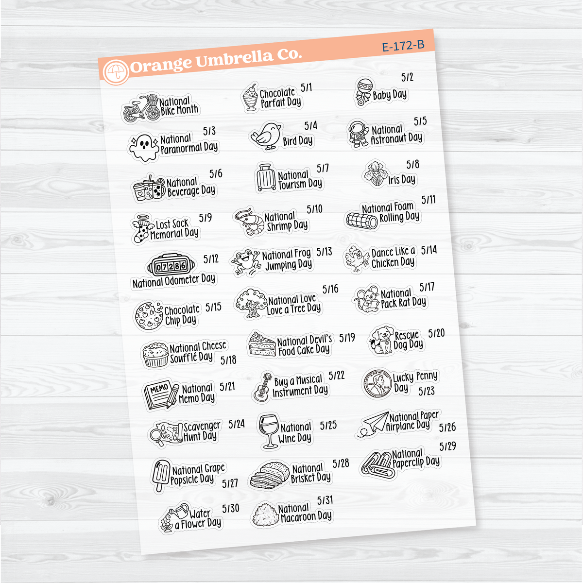 May F18 wacky holiday sticker sheets with black outline illustrations, holiday names, and dates on clear matte paper.