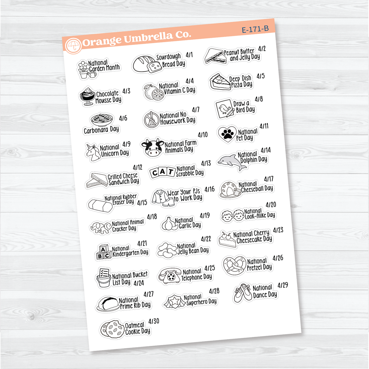 April F18 wacky holiday sticker sheets with black outline illustrations, holiday names, and dates on removable white matte paper.