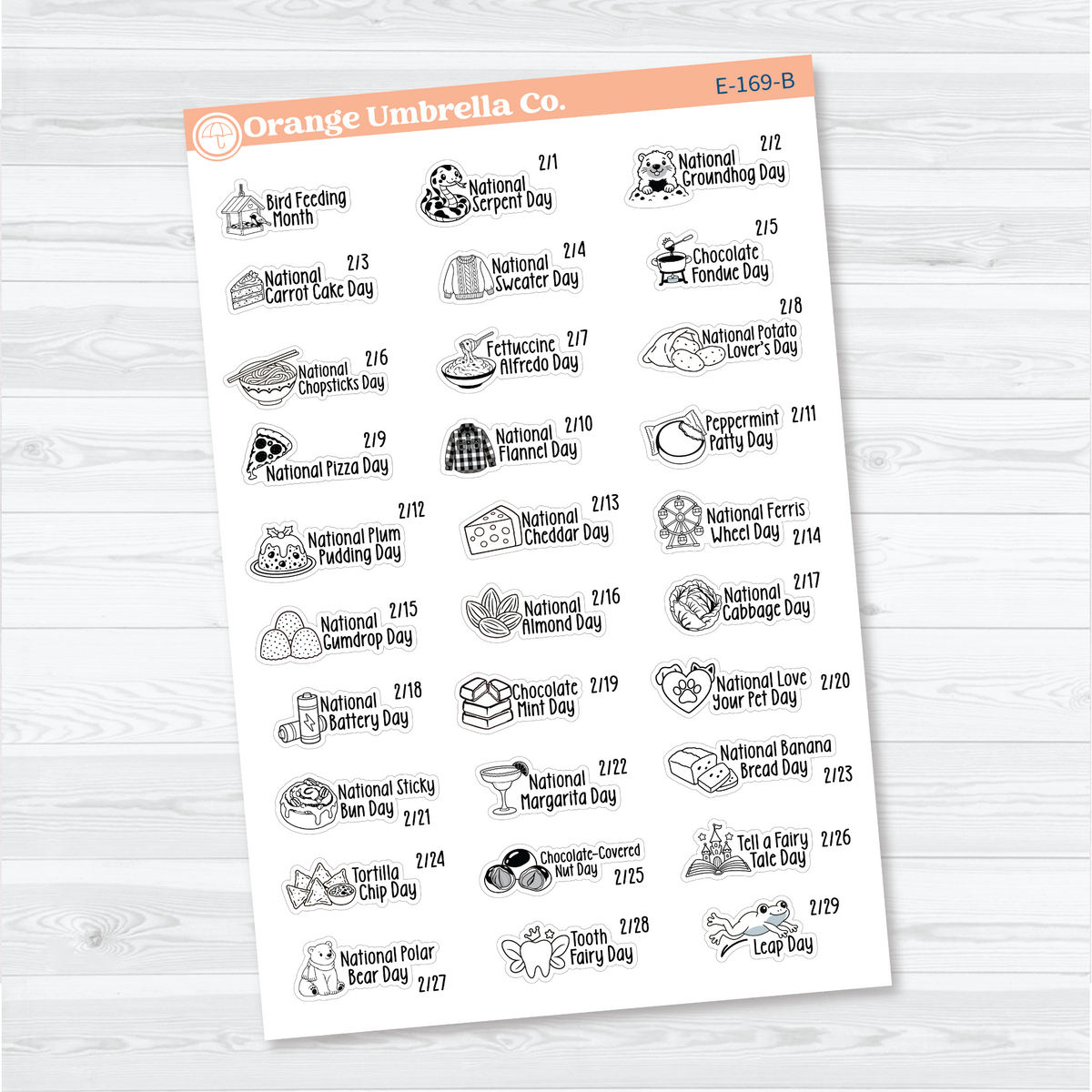February F18 wacky holiday sticker sheets with black outline illustrations, holiday names, and dates on removable white matte paper.