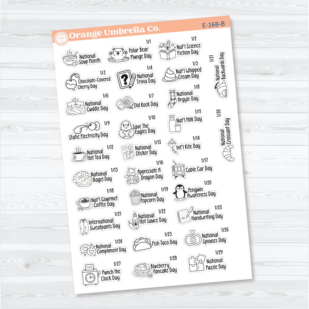 January F18 wacky holiday sticker sheets with black outline illustrations, holiday names, and dates on removable white matte paper.