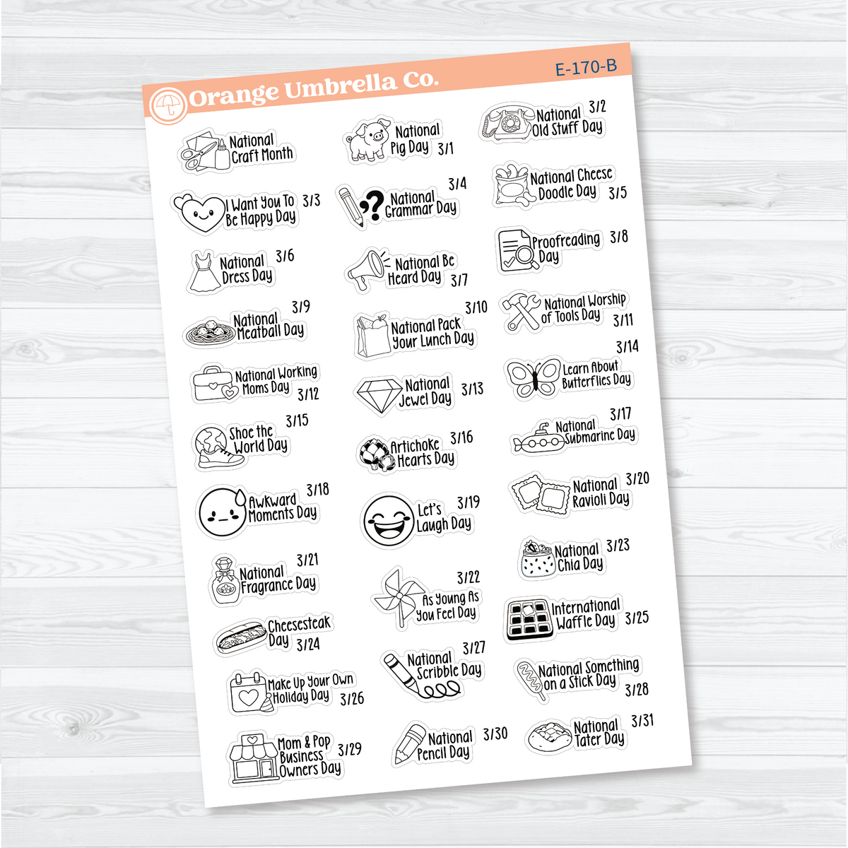 March F18 wacky holiday sticker sheets with black outline illustrations, holiday names, and dates on removable white matte paper.