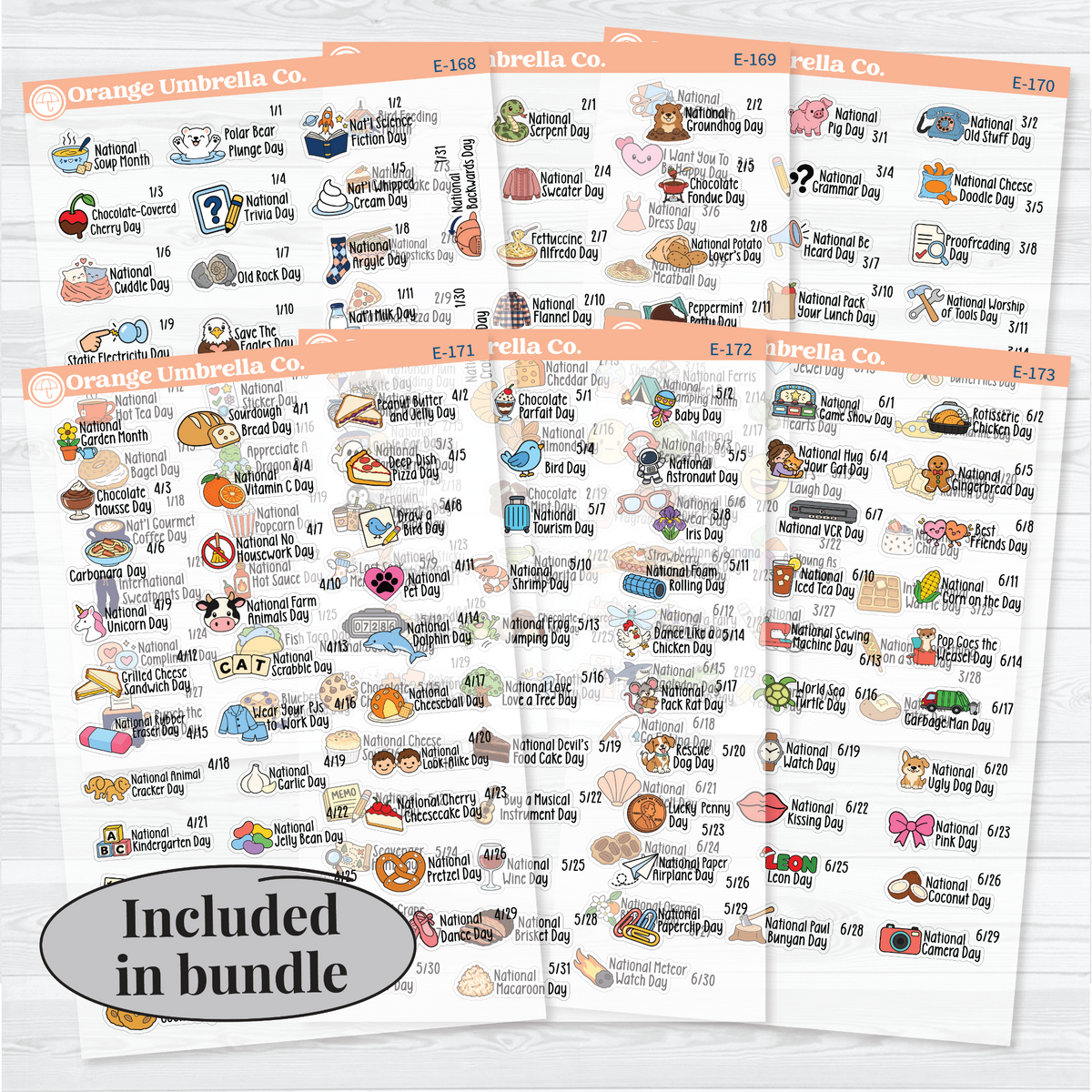 January–June F18 wacky holiday sticker sheets with colorful illustrations, holiday names, and dates on clear matte paper. All Sheets Bundle.