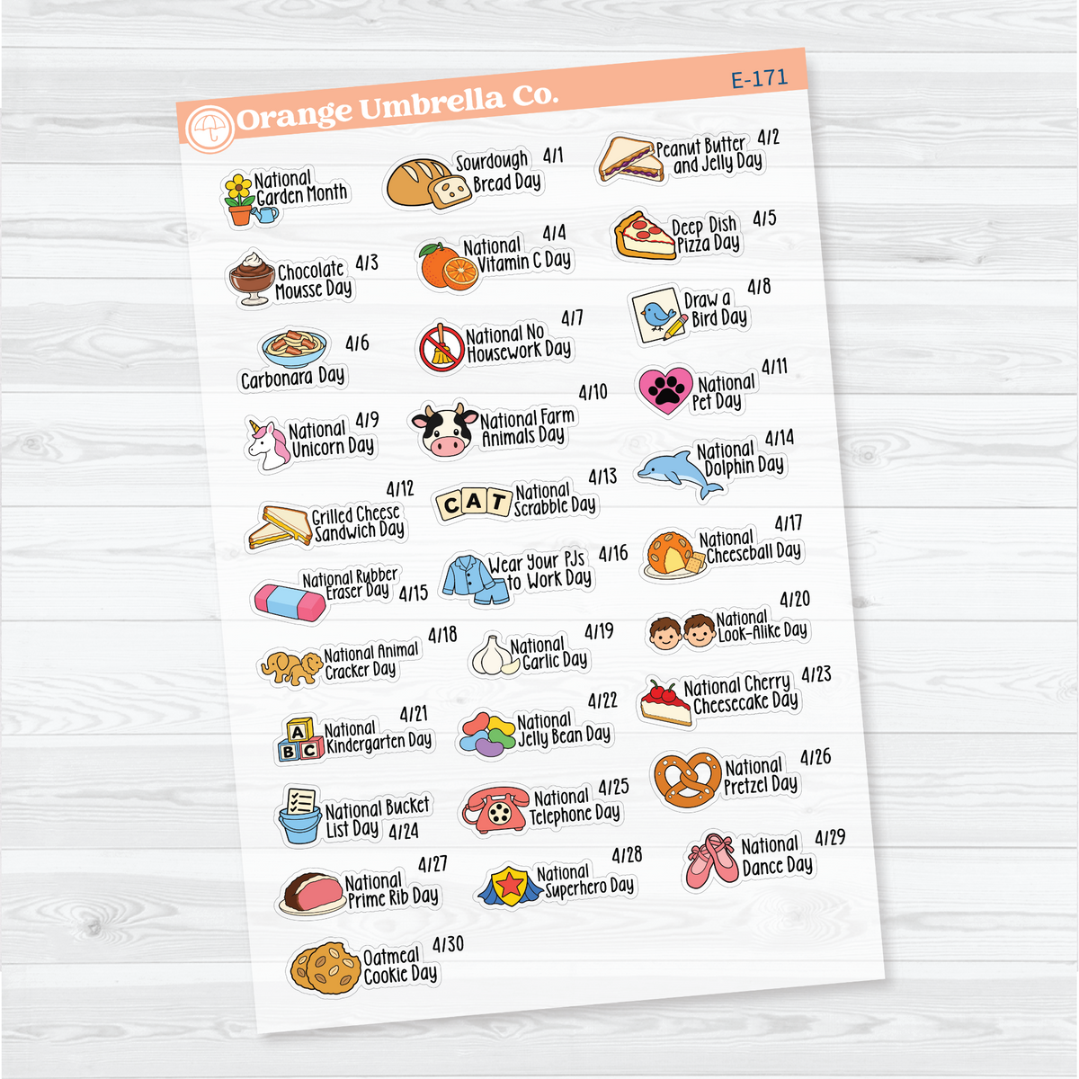 April F18 wacky holiday sticker sheets with colorful illustrations, holiday names, and dates on clear matte paper.