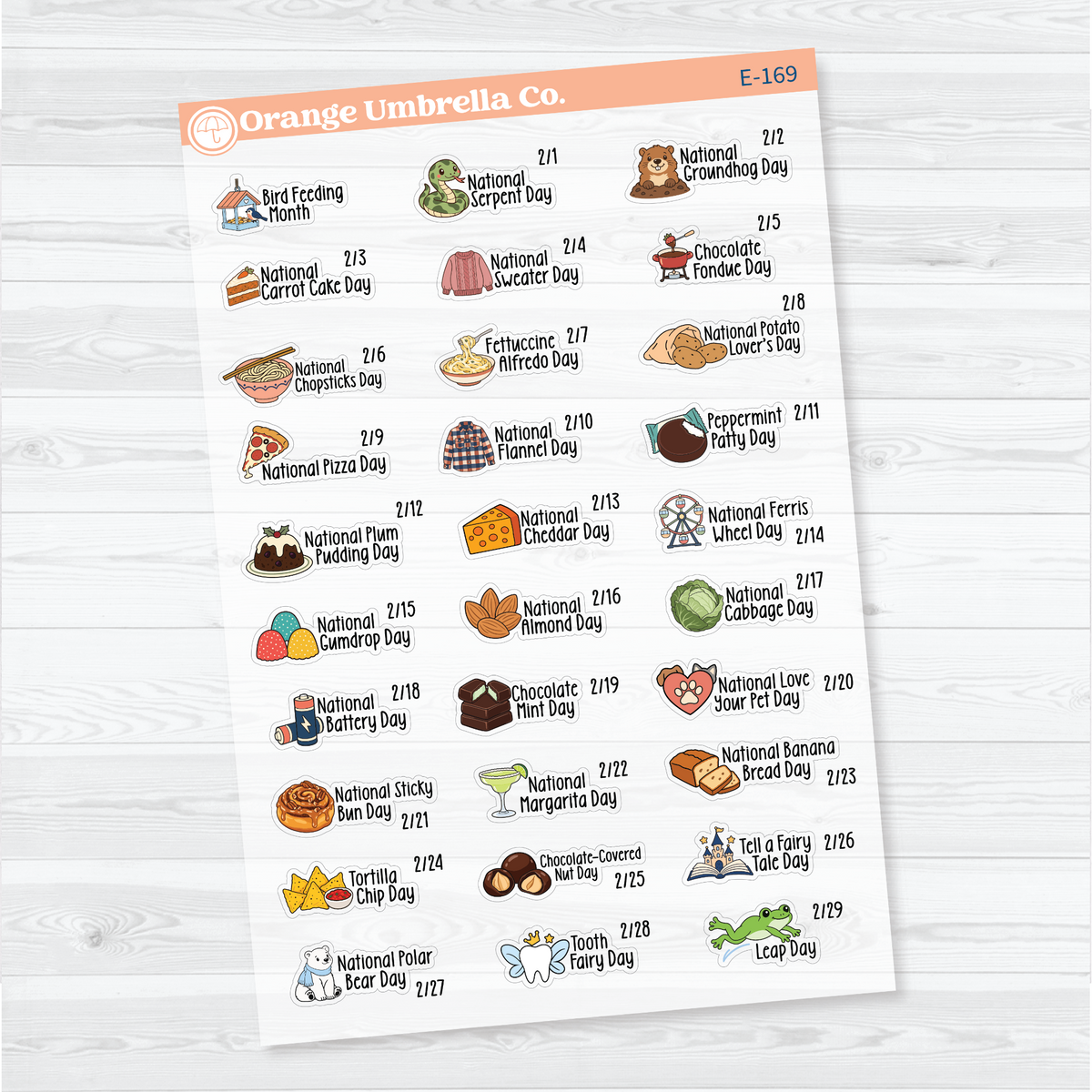 February F18 wacky holiday sticker sheets with colorful illustrations, holiday names, and dates on clear matte paper.
