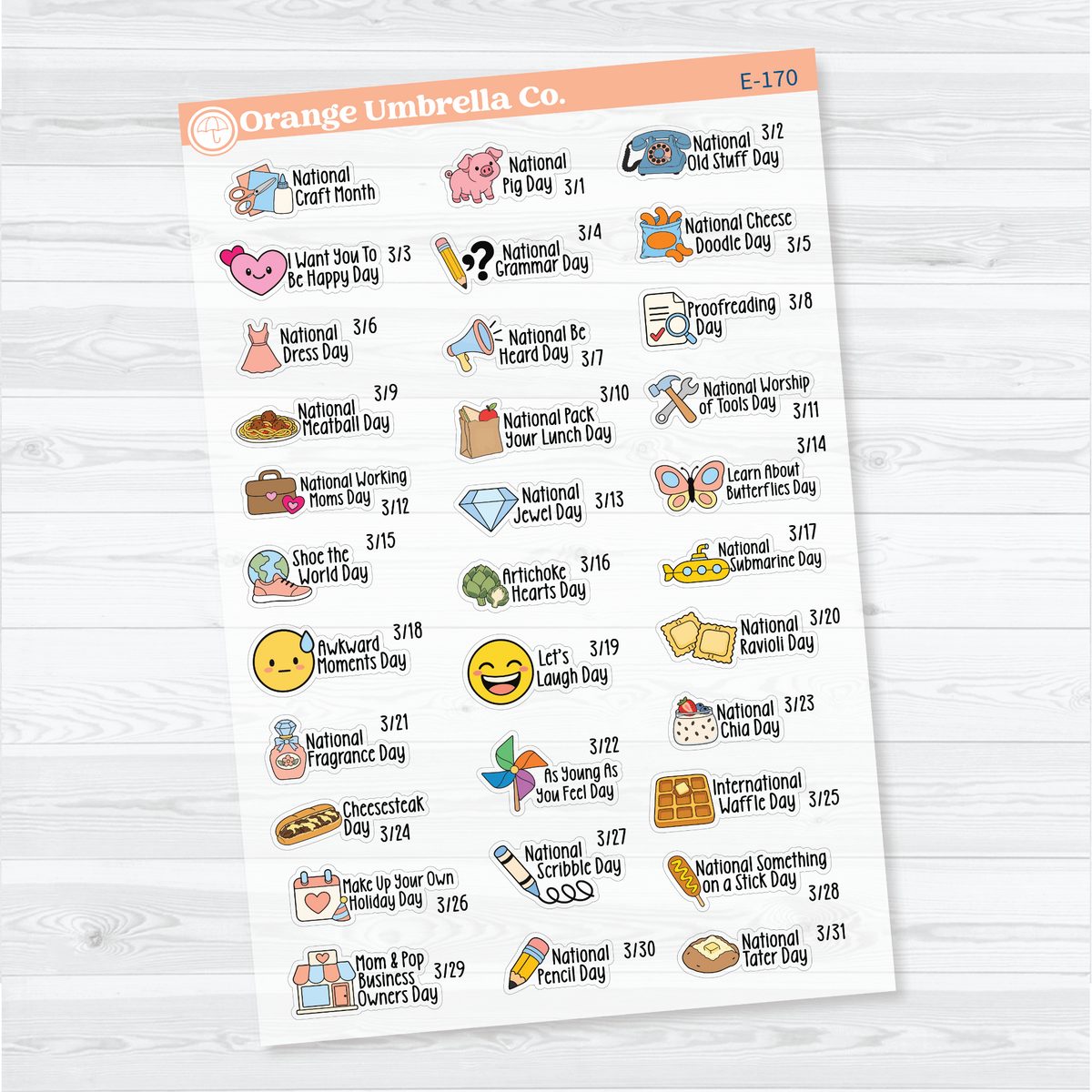 March F18 wacky holiday sticker sheets with colorful illustrations, holiday names, and dates on clear matte paper.