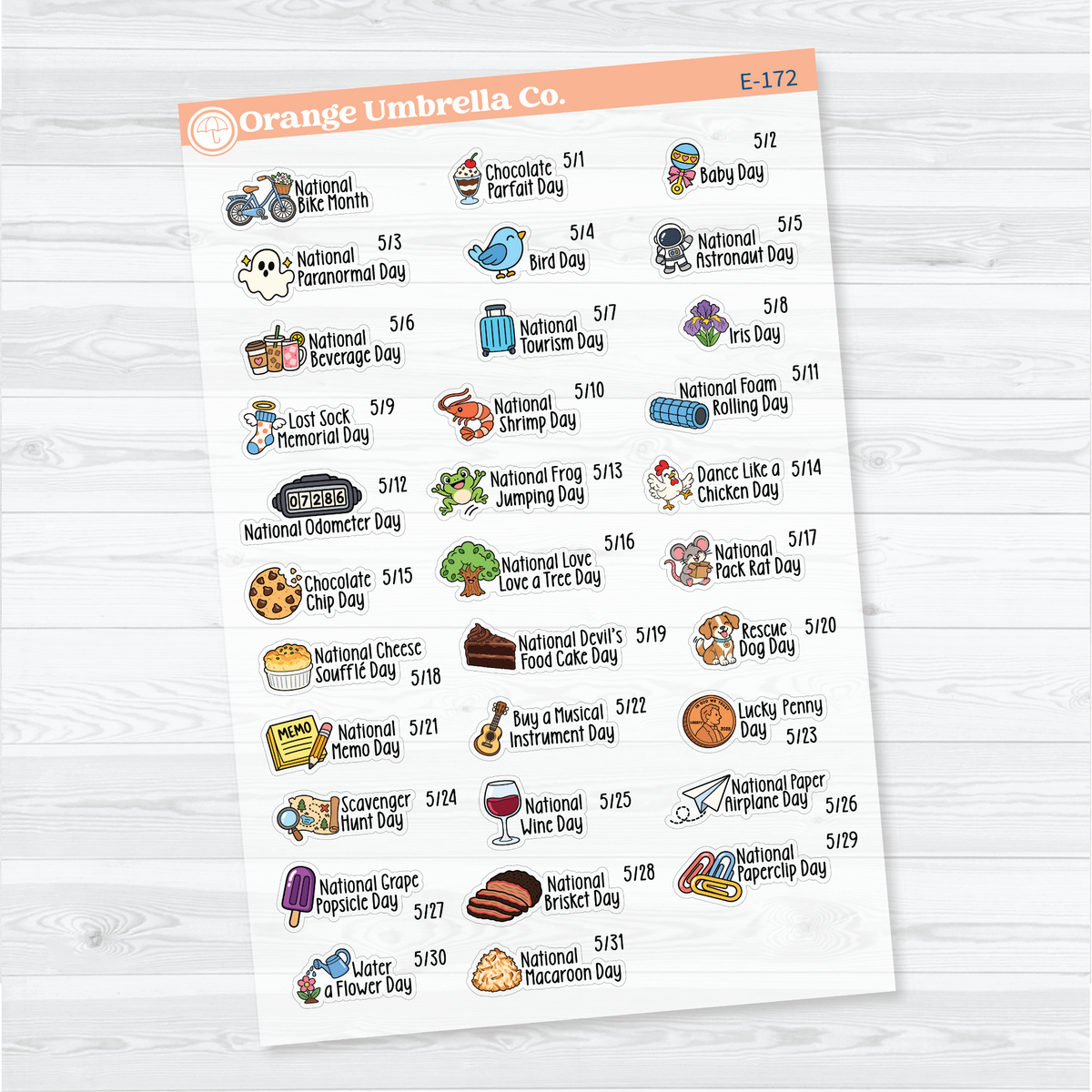 May F18 wacky holiday sticker sheets with colorful illustrations, holiday names, and dates on clear matte paper.