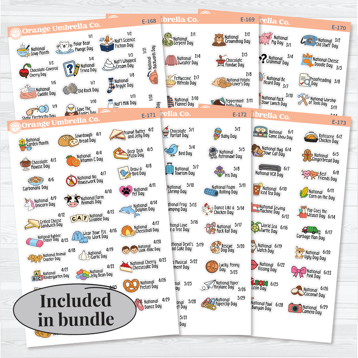 January–June F18 wacky holiday sticker sheets with colorful illustrations, holiday names, and dates on removable white matte paper. All Sheets Bundle.