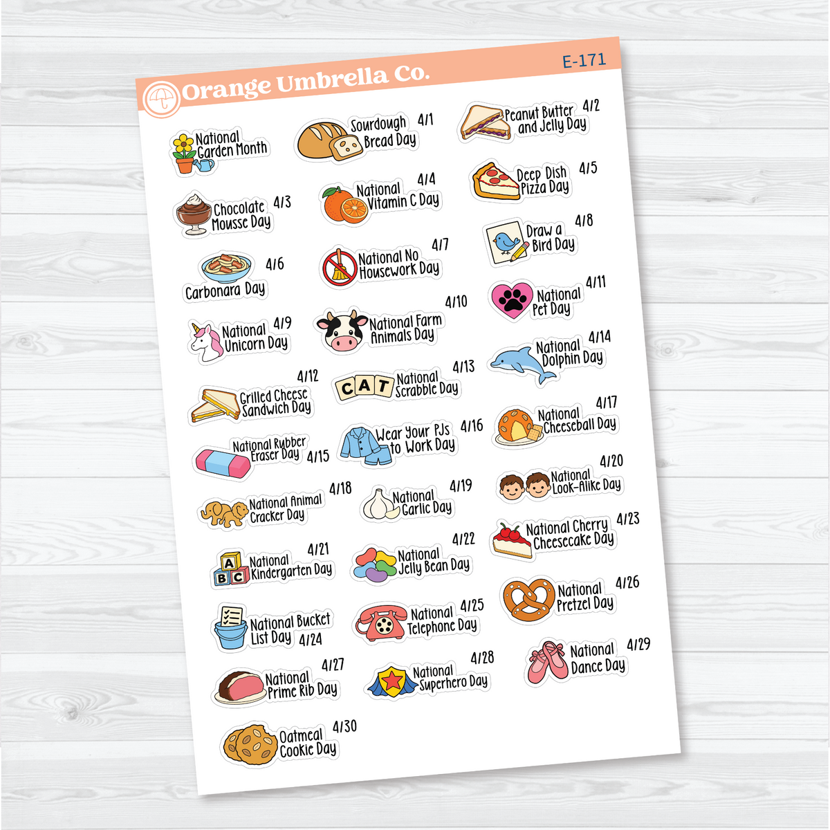 April F18 wacky holiday sticker sheets with colorful illustrations, holiday names, and dates on removable white matte paper.