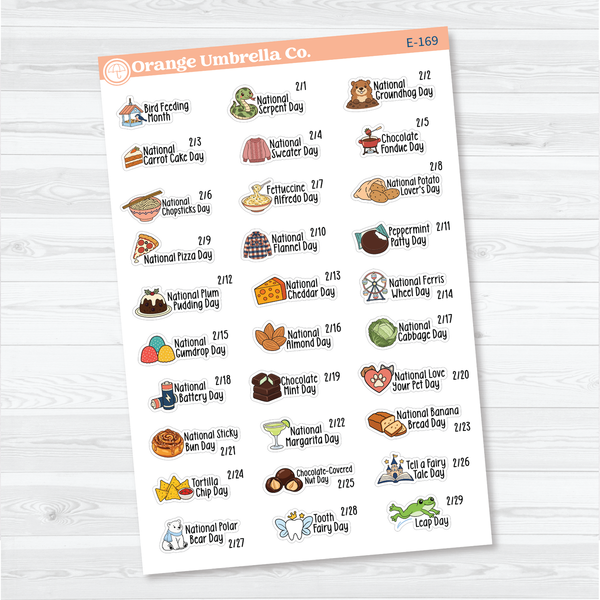 February F18 wacky holiday sticker sheets with colorful illustrations, holiday names, and dates on removable white matte paper.