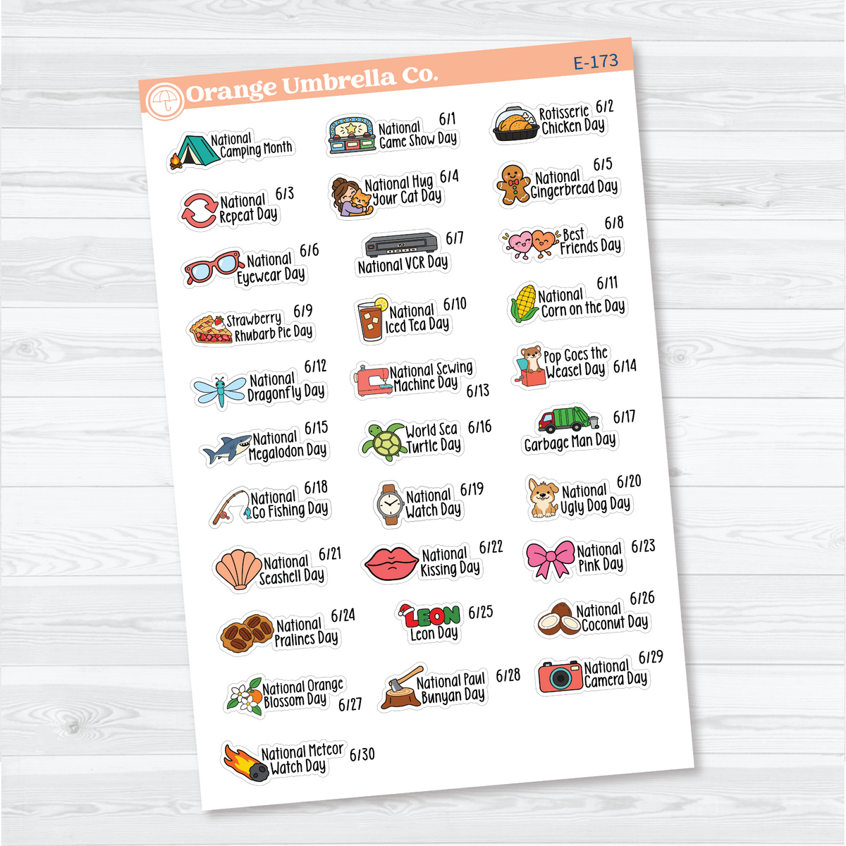 June F18 wacky holiday sticker sheets with colorful illustrations, holiday names, and dates on removable white matte paper.