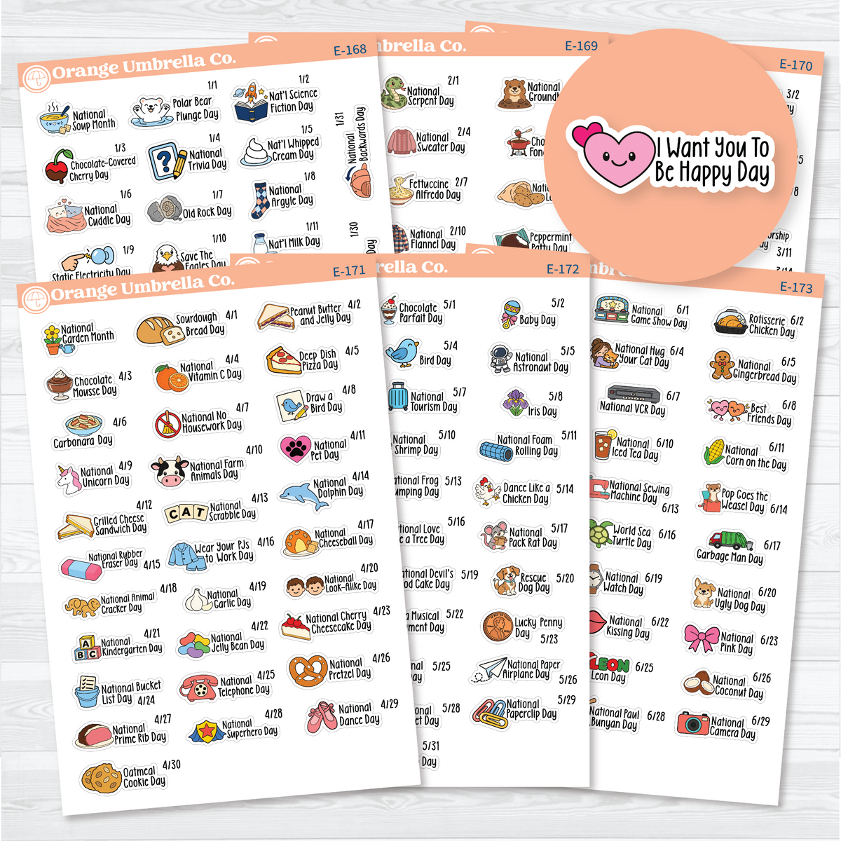 January–June F18 wacky holiday sticker sheets with colorful illustrations, holiday names, and dates on removable white matte paper.