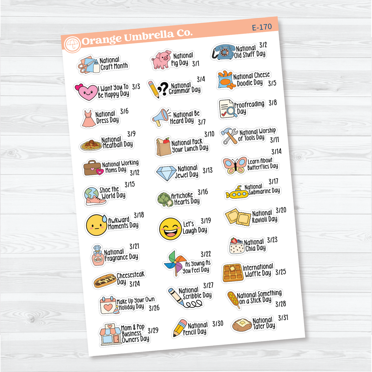 March F18 wacky holiday sticker sheets with colorful illustrations, holiday names, and dates on removable white matte paper.