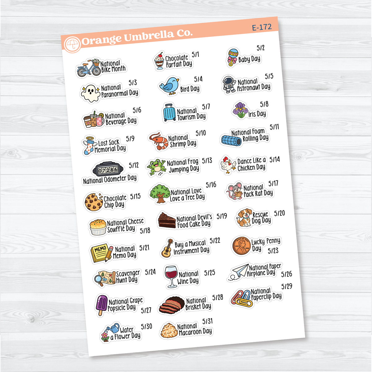 May F18 wacky holiday sticker sheets with colorful illustrations, holiday names, and dates on removable white matte paper.