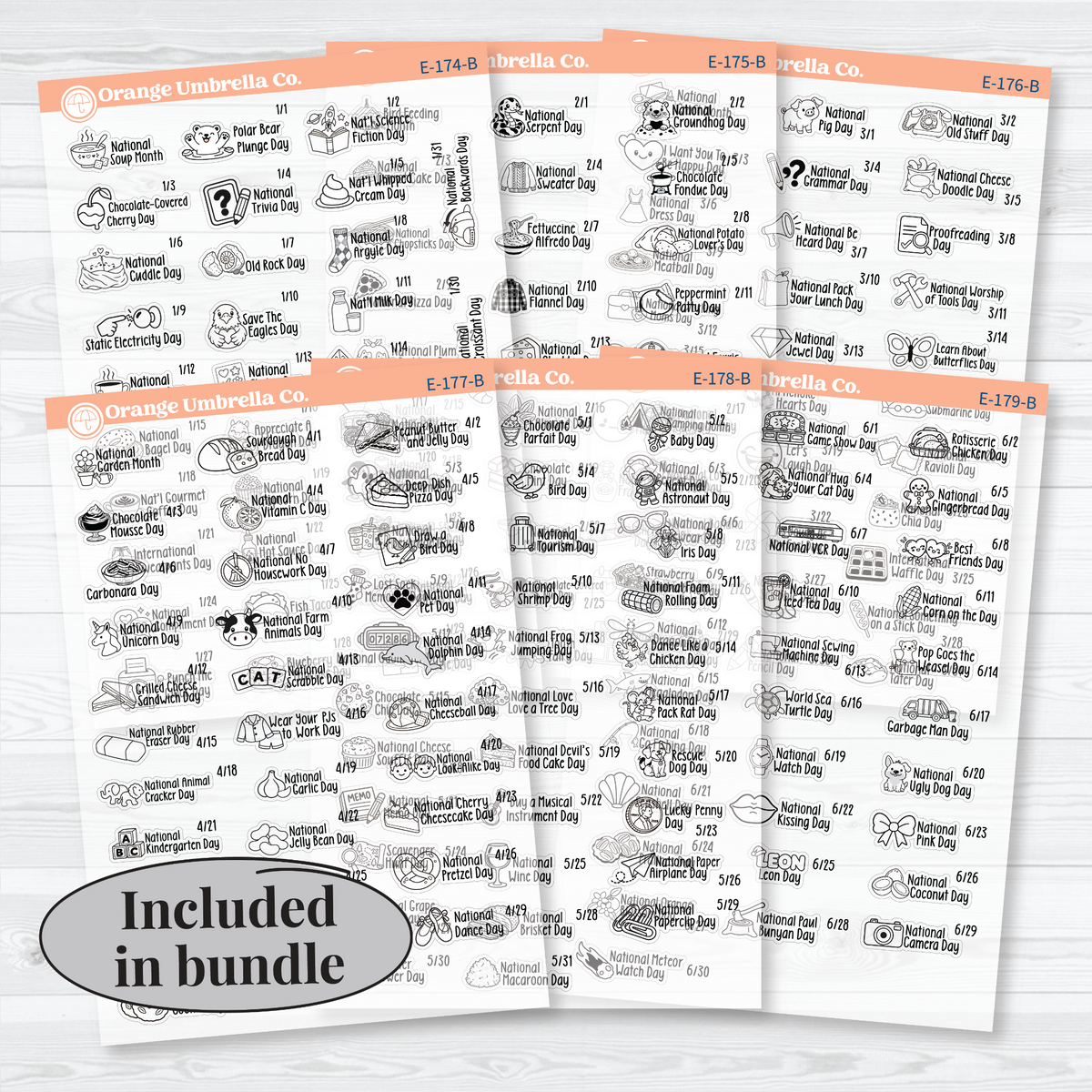 January–June F18 mini wacky holiday sticker sheets with black outline illustrations, holiday names, and dates on clear matte paper. All Sheets Bundle.