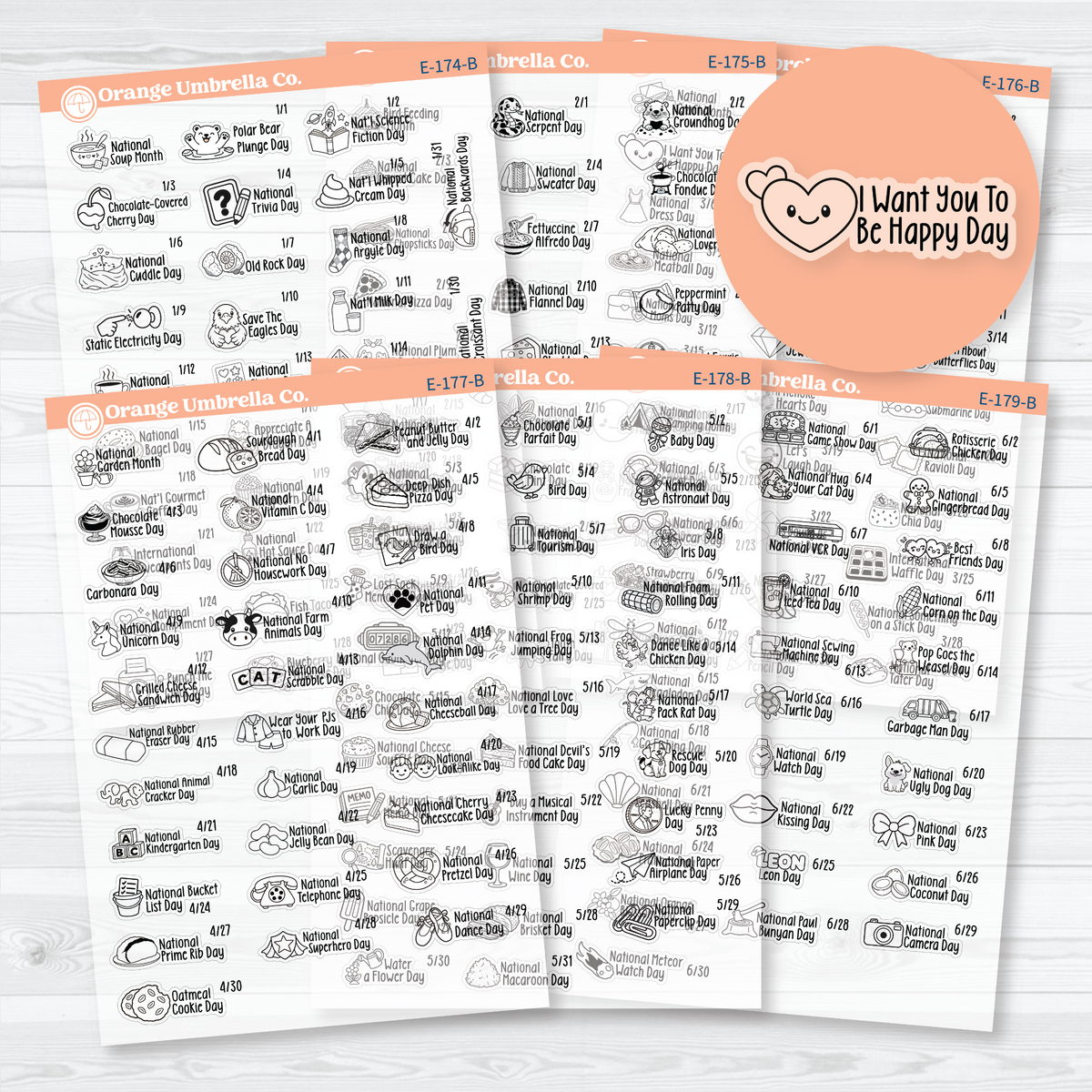 January–June F18 mini wacky holiday sticker sheets with black outline illustrations, holiday names, and dates on clear matte paper.