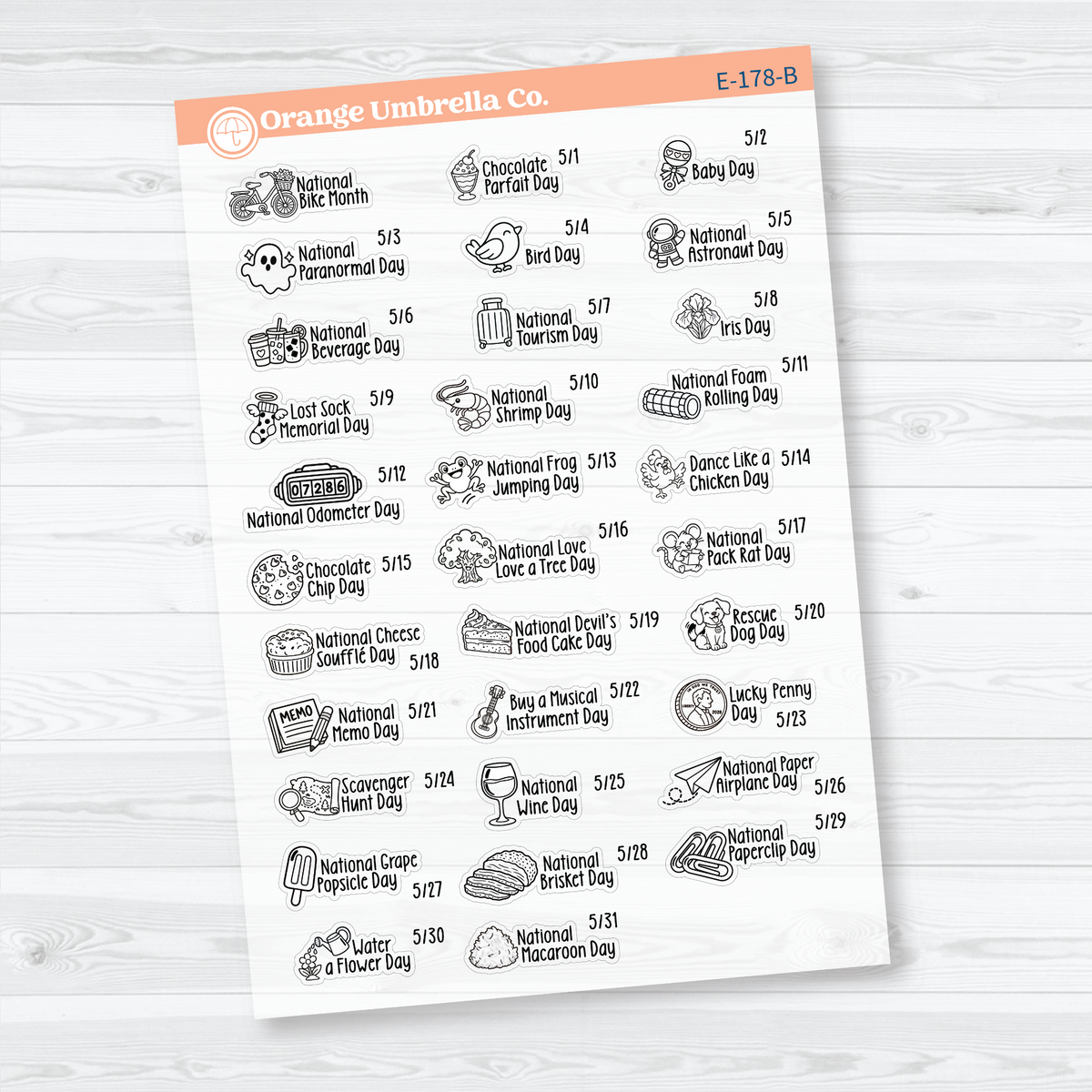 May F18 mini wacky holiday sticker sheets with black outline illustrations, holiday names, and dates on clear matte paper.