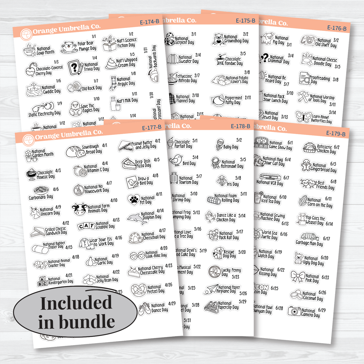 January–June F18 mini wacky holiday sticker sheets with black outline illustrations, holiday names, and dates on removable white matte paper. All Sheets Bundle.