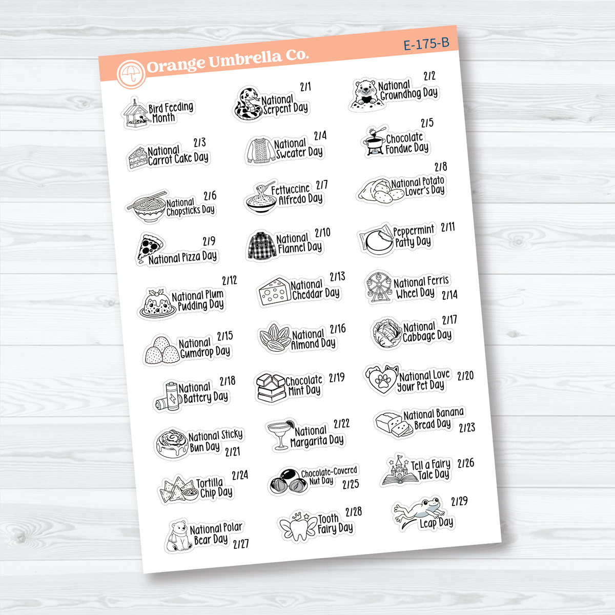 February F18 mini wacky holiday sticker sheets with black outline illustrations, holiday names, and dates on removable white matte paper.