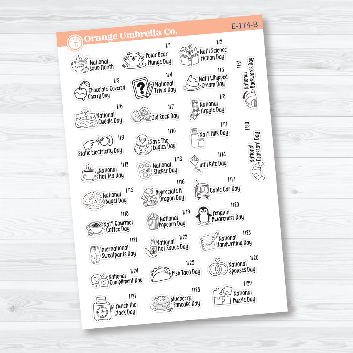 January F18 mini wacky holiday sticker sheets with black outline illustrations, holiday names, and dates on removable white matte paper.