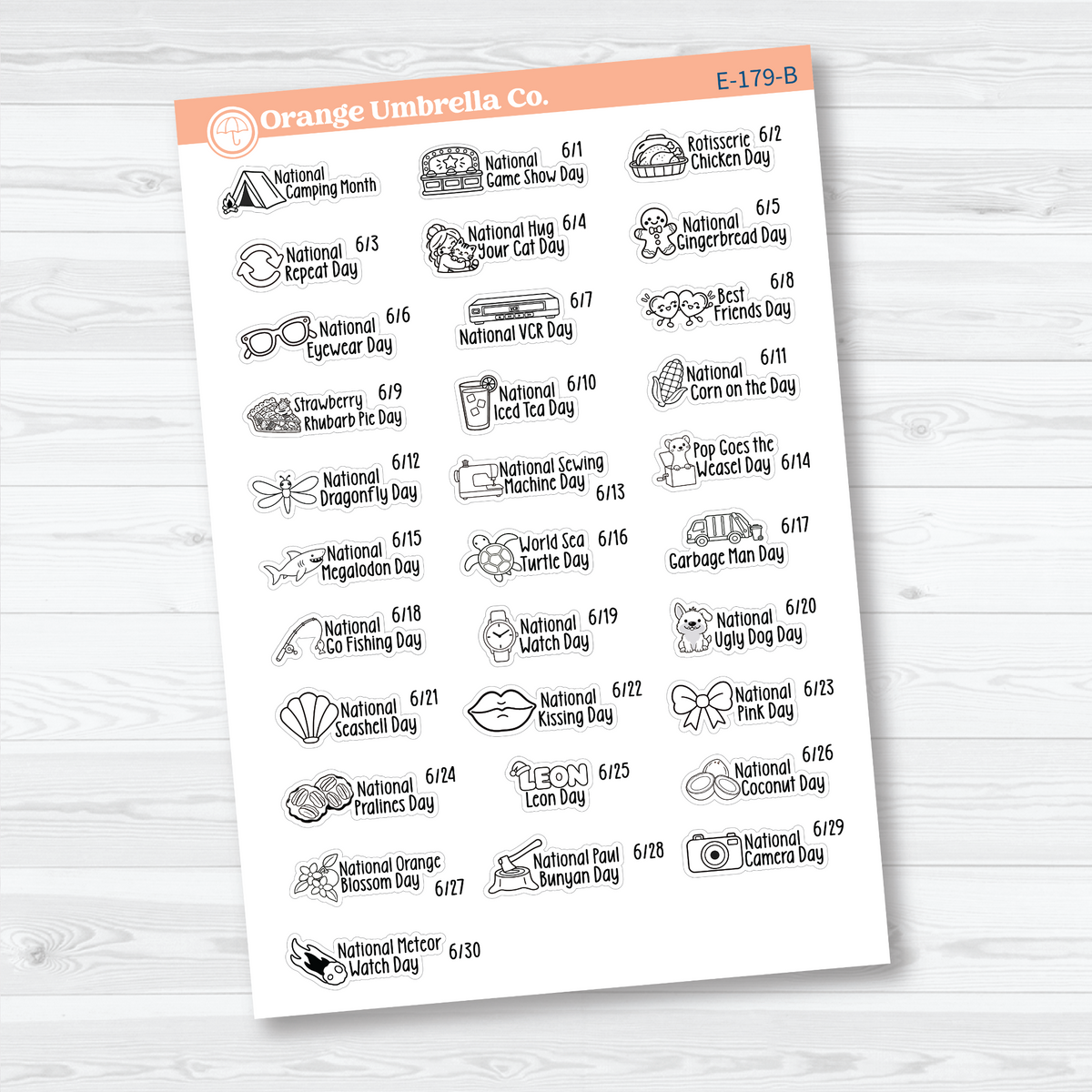 June F18 mini wacky holiday sticker sheets with black outline illustrations, holiday names, and dates on removable white matte paper.