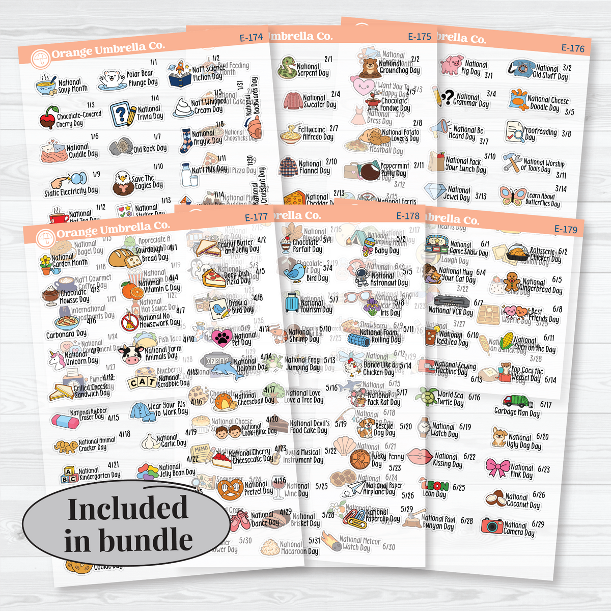 January–June F18 mini wacky holiday sticker sheets with colorful illustrations, holiday names, and dates on clear matte paper. All Sheets Bundle.