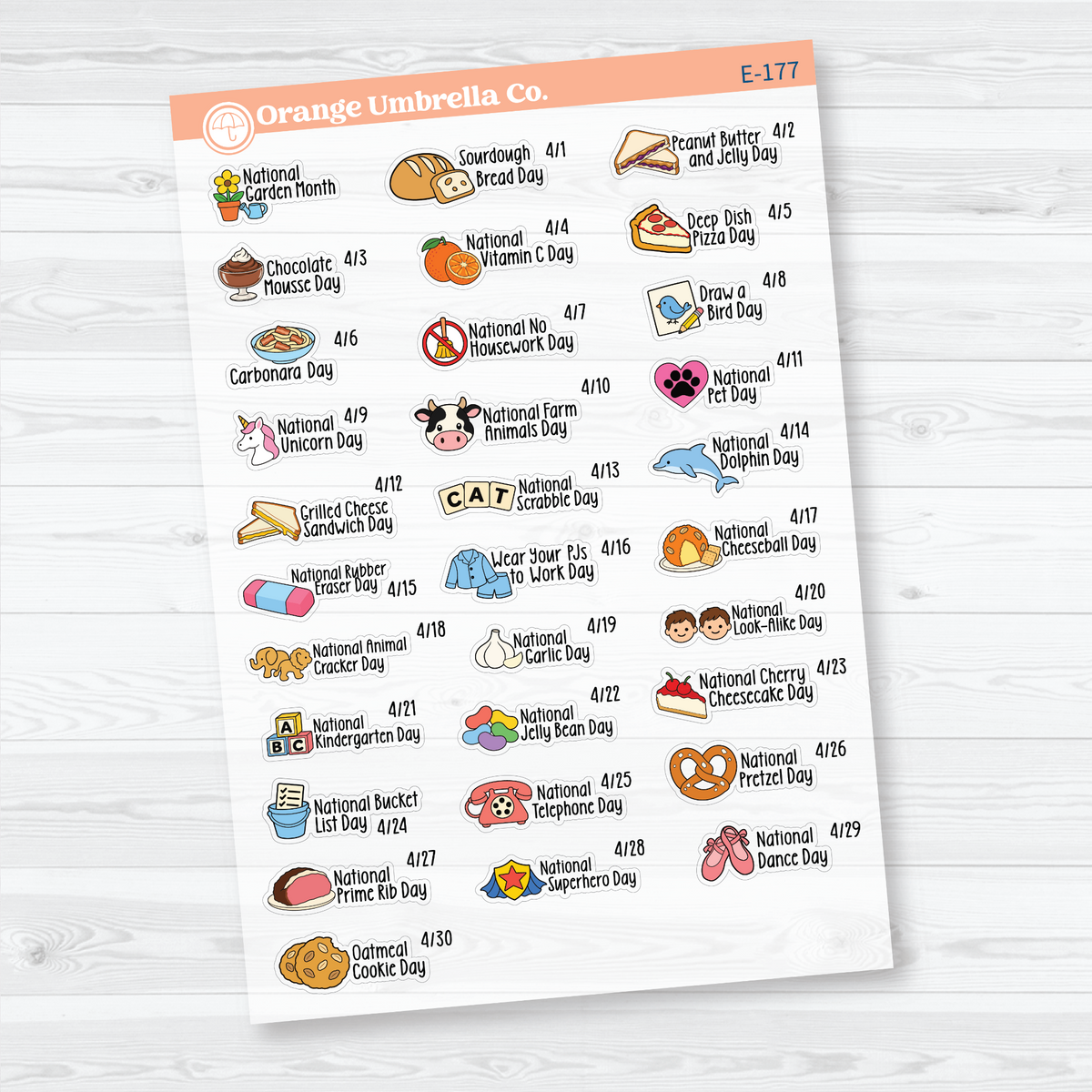 April F18 mini wacky holiday sticker sheets with colorful illustrations, holiday names, and dates on clear matte paper.