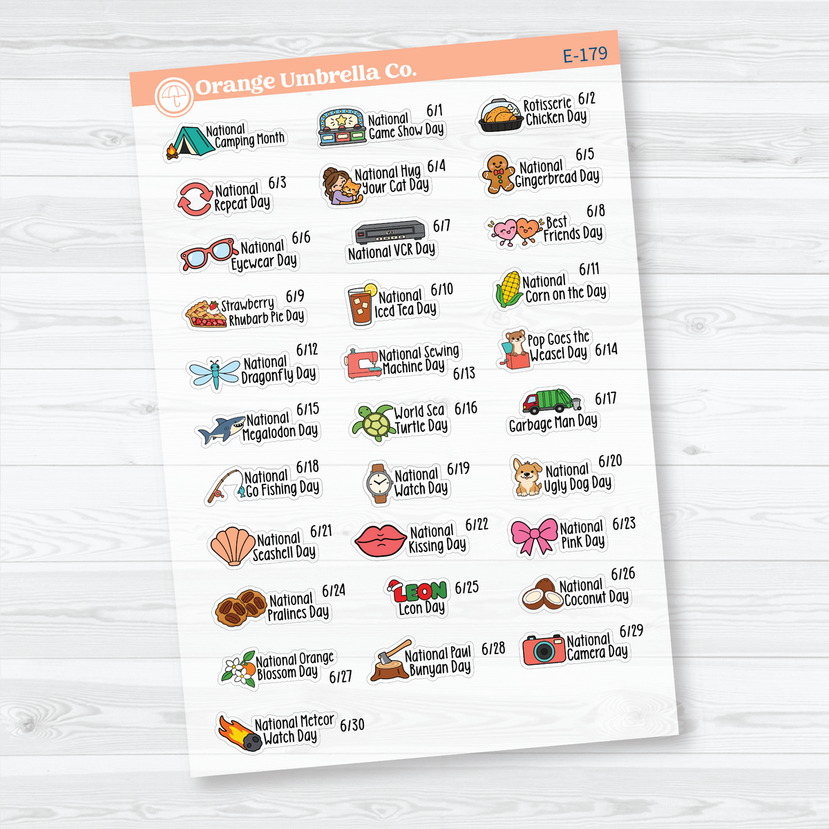 June F18 mini wacky holiday sticker sheets with colorful illustrations, holiday names, and dates on clear matte paper.