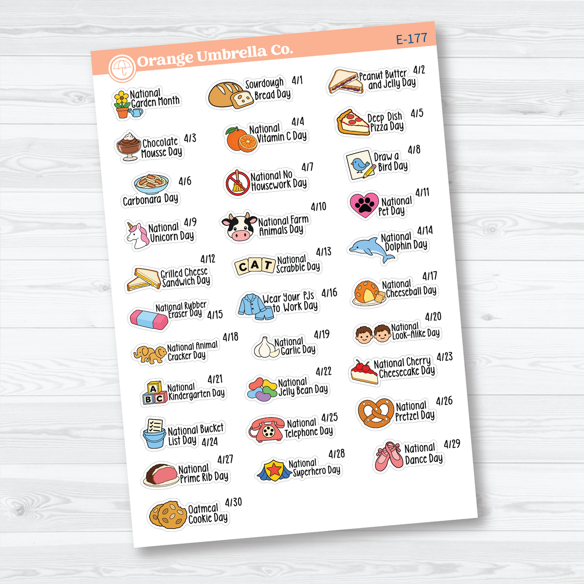 April F18 mini wacky holiday sticker sheets with colorful illustrations, holiday names, and dates on removable white matte paper.