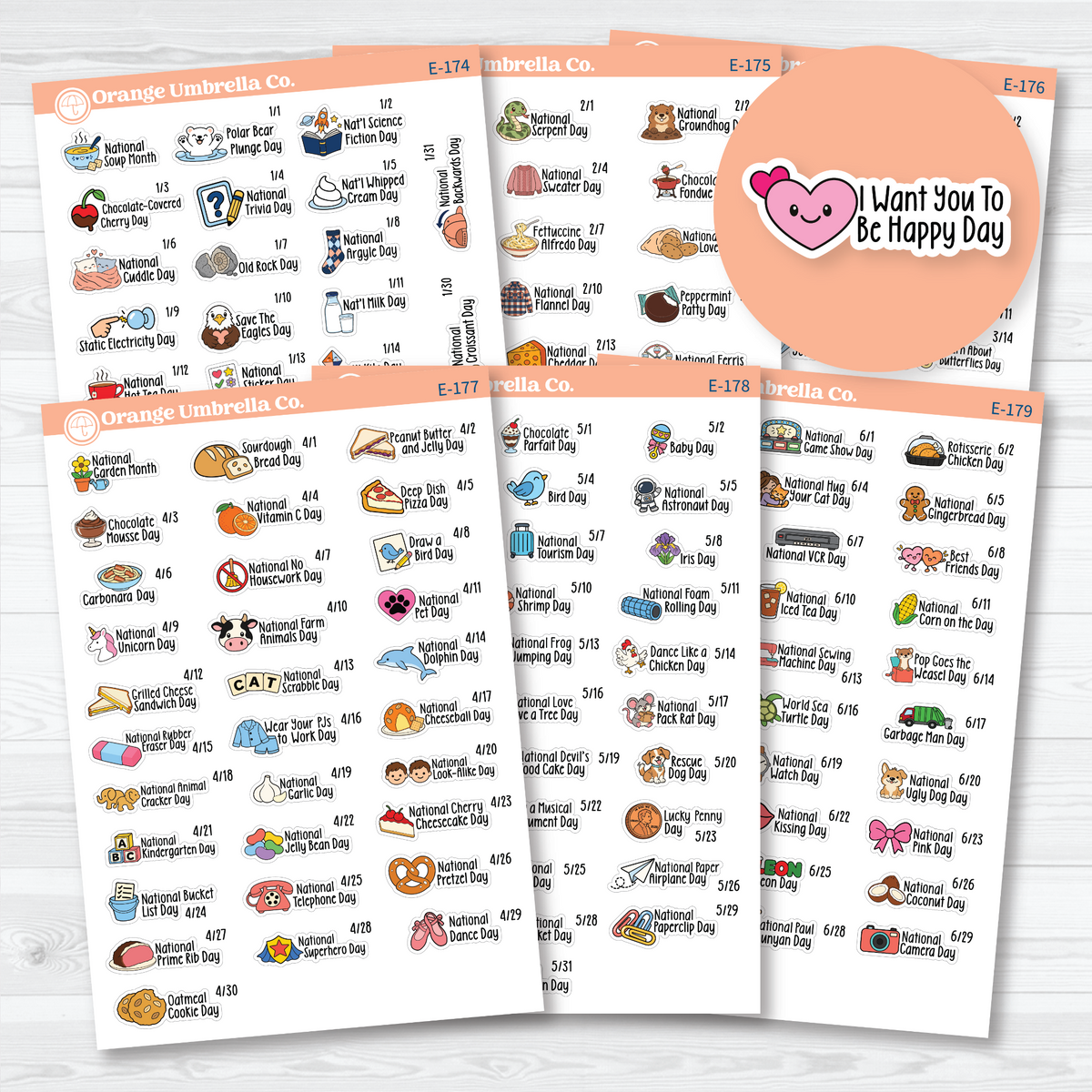 January–June F18 mini wacky holiday sticker sheets with colorful illustrations, holiday names, and dates on removable white matte paper.