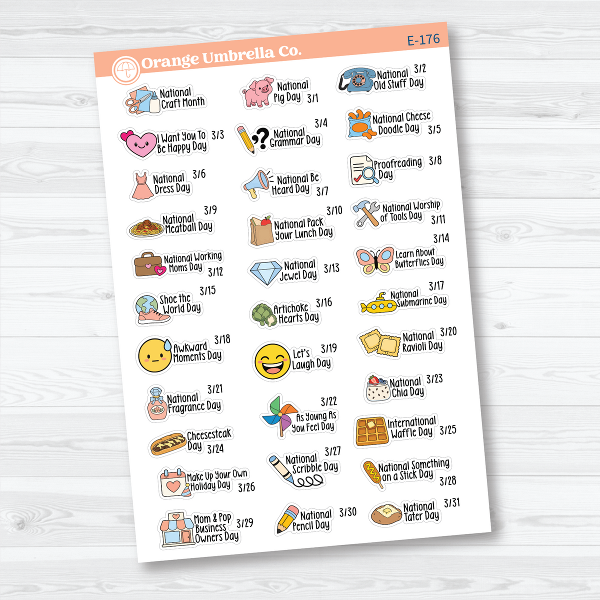 March F18 mini wacky holiday sticker sheets with colorful illustrations, holiday names, and dates on removable white matte paper.