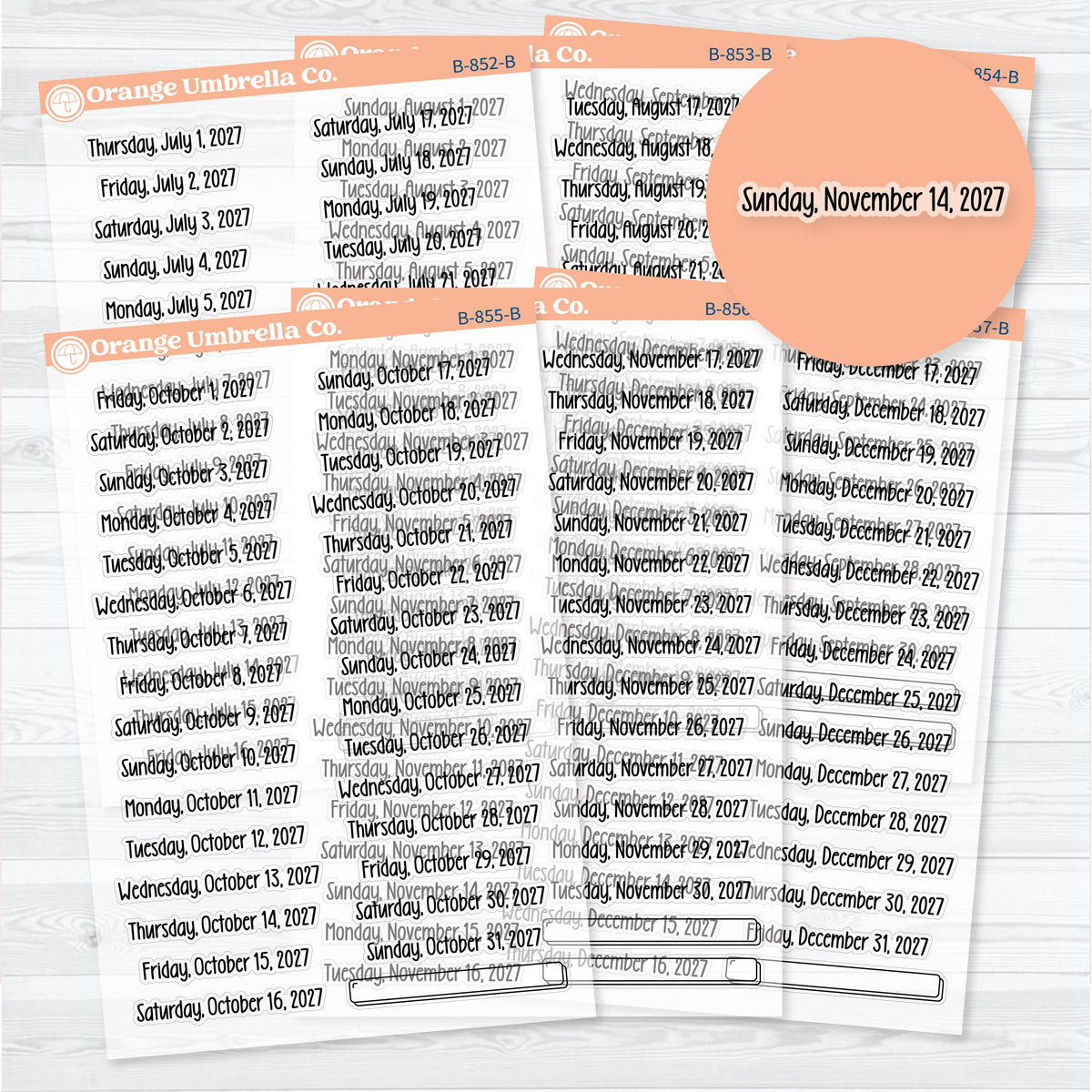 Clear matte July through December 2027 Dates of the Month planner sticker sheets in Font 18, with 32 script dates for each selected month.