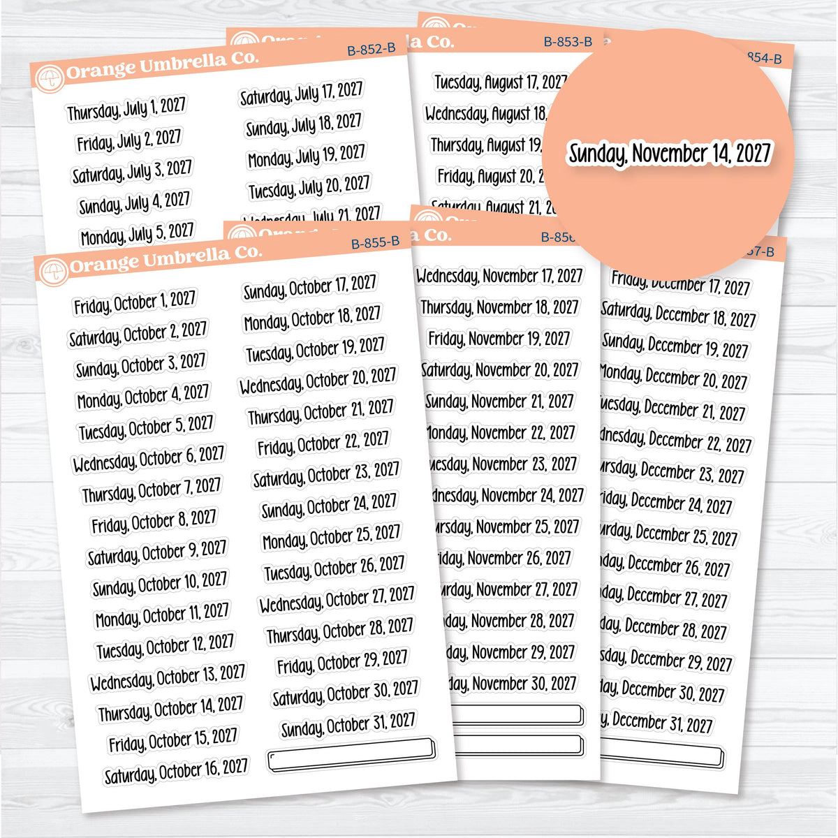 July through December 2027 Dates of the Month planner sticker sheets in Font 18, with 32 script date stickers for each selected month.