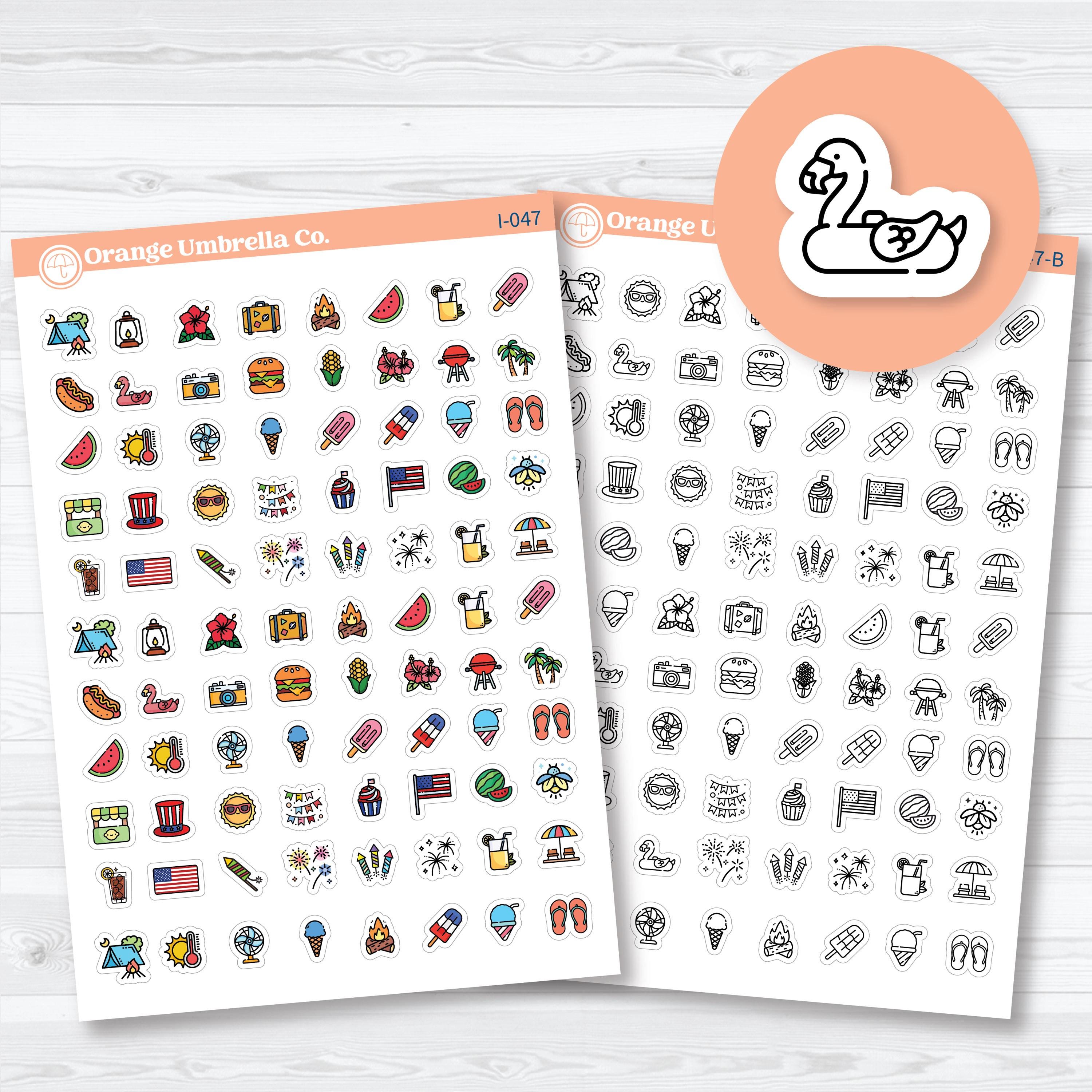 july themed planner stickers summer patriotic icons including fireworks beach bbq and vacation elements
