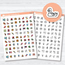 july themed planner stickers summer patriotic icons including fireworks beach bbq and vacation elements
