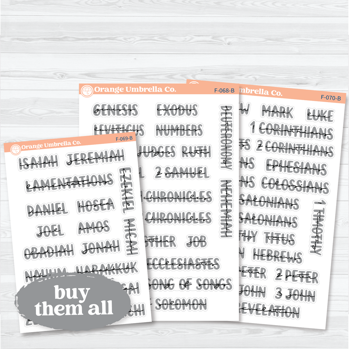 Clear matte three-sheet Large Books of the Bible sticker set in Black Outline with gray uppercase lettering and black script for Old and New Testament faith journal headings.