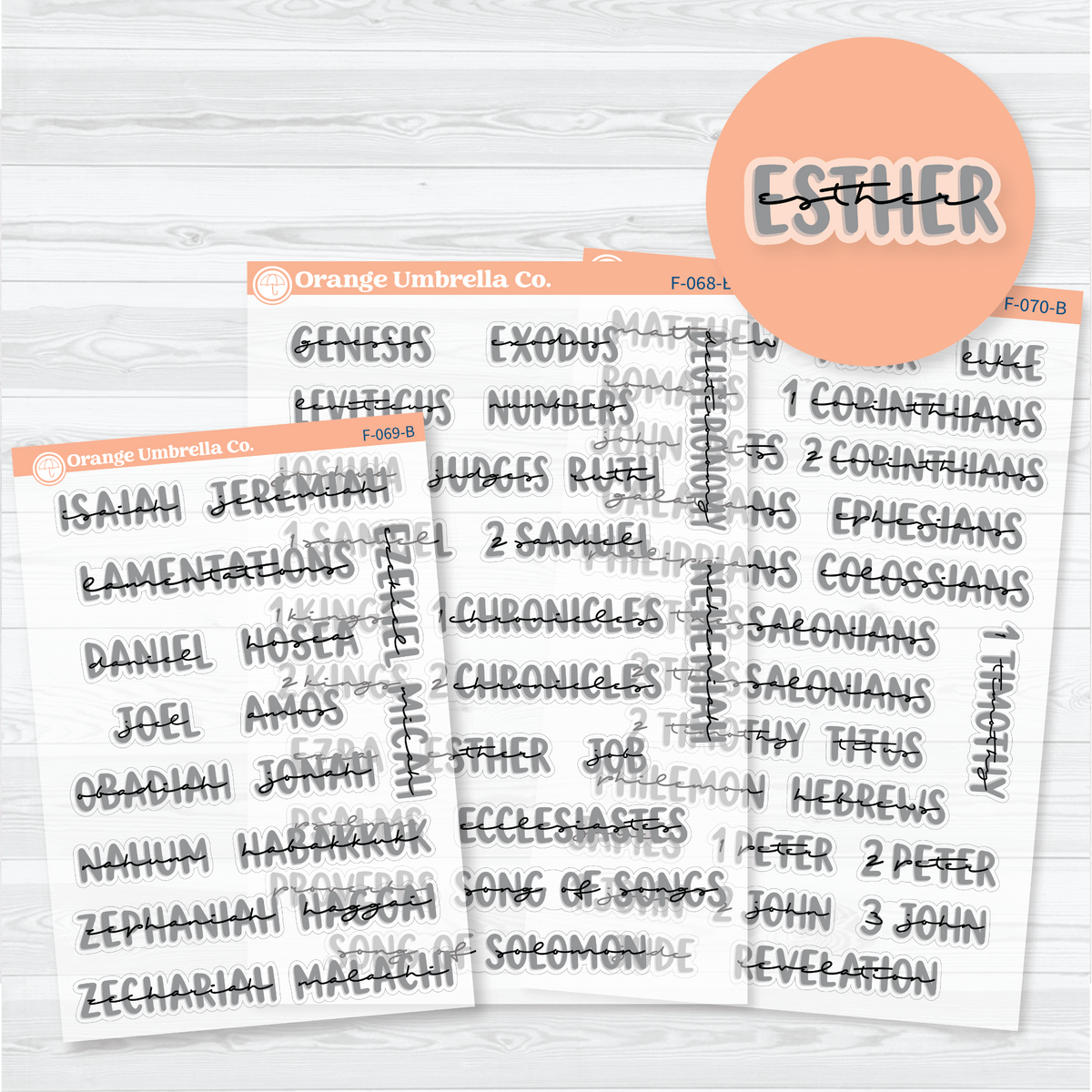 Clear matte three-sheet Large Books of the Bible sticker set in Black Outline with gray uppercase lettering and black script for Old and New Testament faith journal headings.