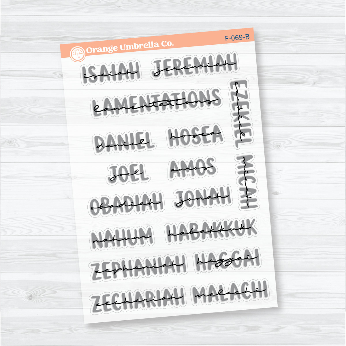 Clear matte three-sheet Large Books of the Bible sticker set in Black Outline with gray uppercase lettering and black script for Old and New Testament faith journal headings.