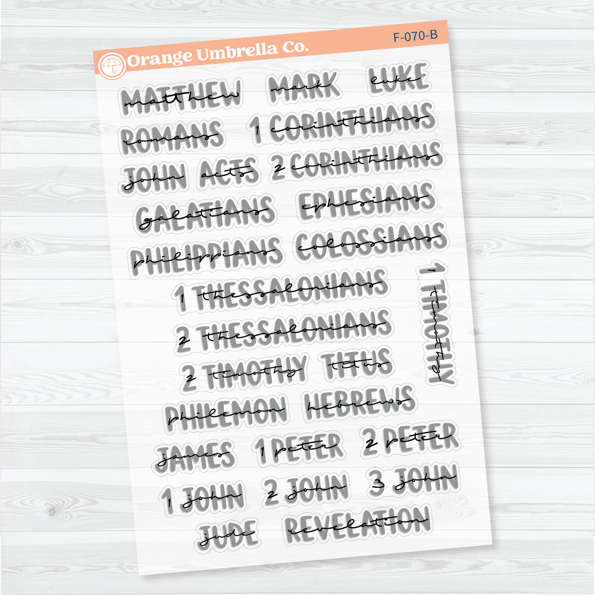 Clear matte three-sheet Large Books of the Bible sticker set in Black Outline with gray uppercase lettering and black script for Old and New Testament faith journal headings.