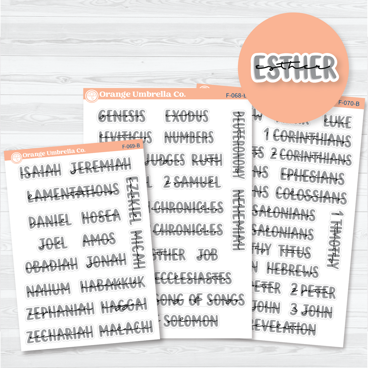 Three-sheet Large Books of the Bible sticker set in Black Outline with gray uppercase lettering and black script for Old and New Testament faith journal headings.