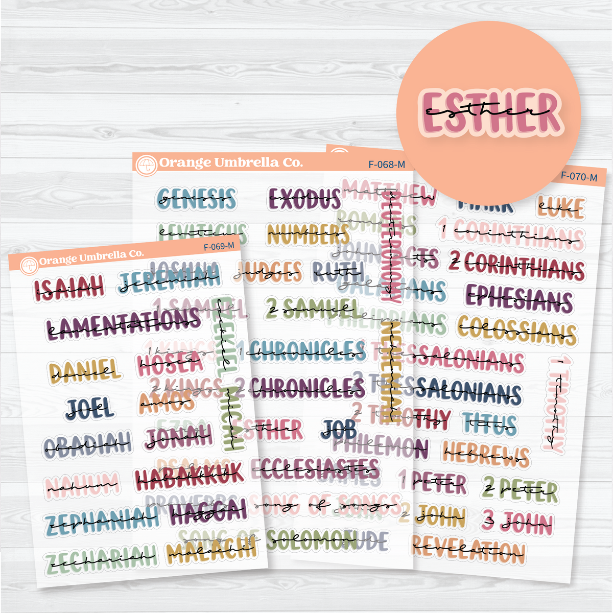 Clear matte Three-sheet Large Books of the Bible sticker set in Muted Rainbow with layered uppercase and script lettering for Old and New Testament faith journal headings.