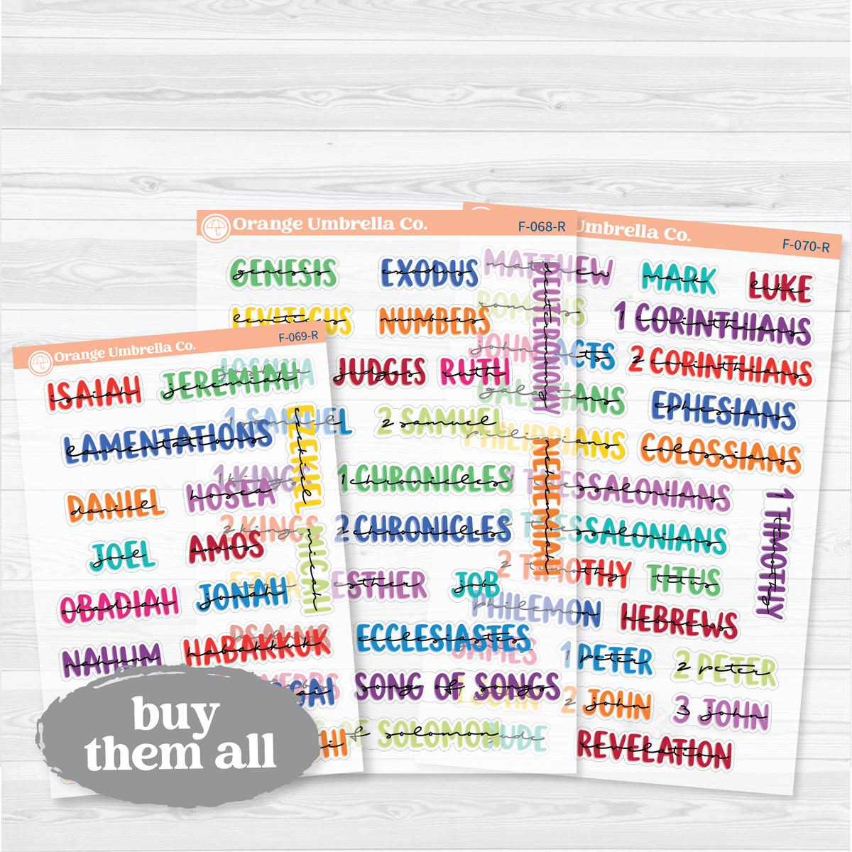 Clear matte All Sheets bundle of Large Books of the Bible stickers in Rainbow with 67 Old and New Testament book headings for faith journals.