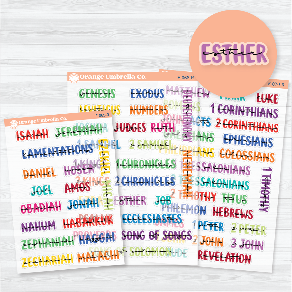 Clear matte Three-sheet Large Books of the Bible sticker set in Rainbow with layered uppercase and script lettering for Old and New Testament faith journal headings.