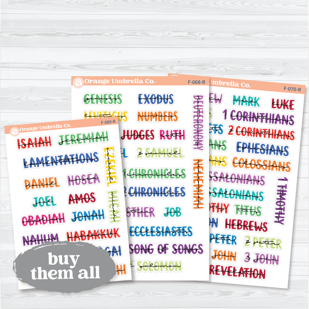 All Sheets bundle of Large Books of the Bible stickers in Rainbow with 67 Old and New Testament book headings for faith journals.