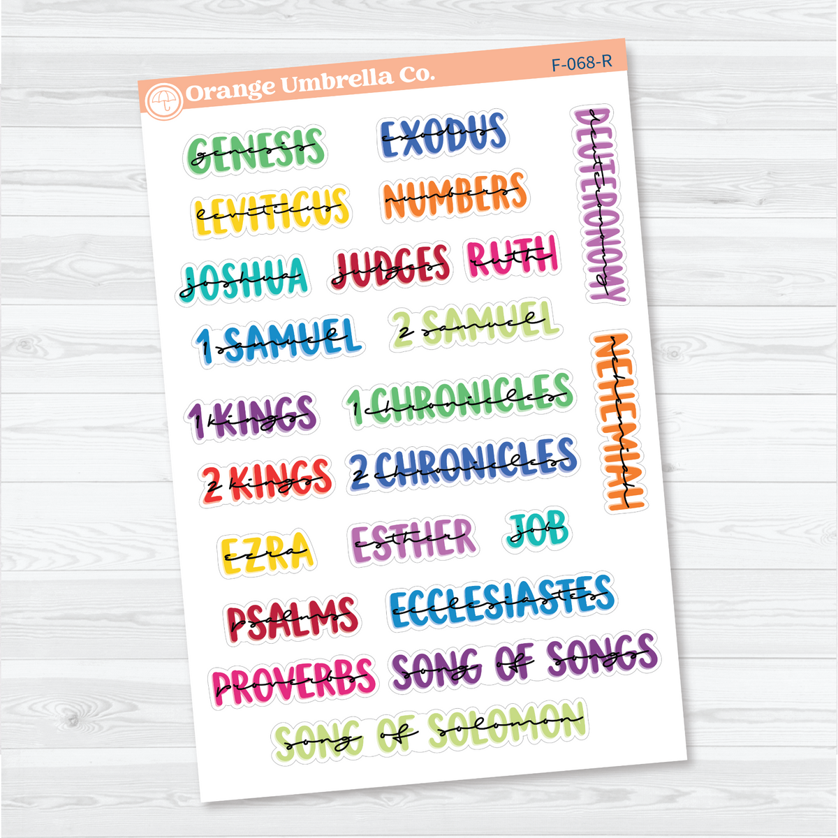 Large Old Testament Books of the Bible Sheet 1 stickers in Rainbow with layered uppercase and script lettering for faith journals.