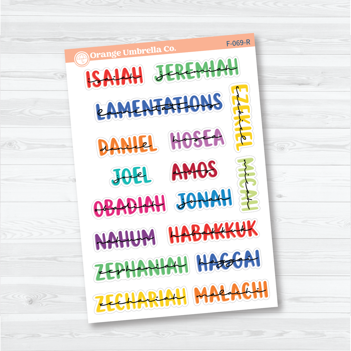 Large Old Testament Books of the Bible Sheet 2 stickers in Rainbow with layered uppercase and script lettering for faith journals.