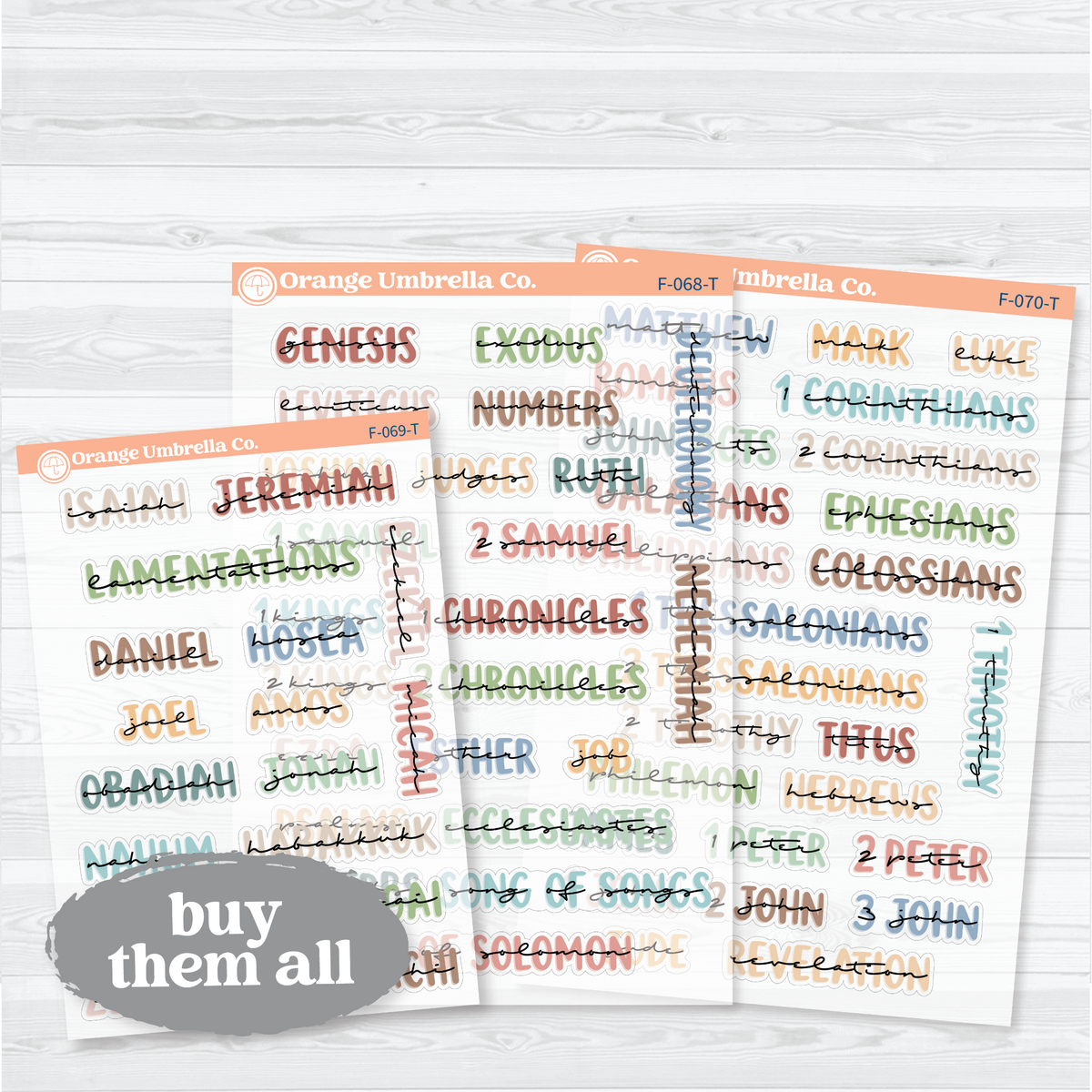 Clear matte All Sheets bundle of Large Books of the Bible stickers in Tranquility with 67 Old and New Testament book headings for faith journals.