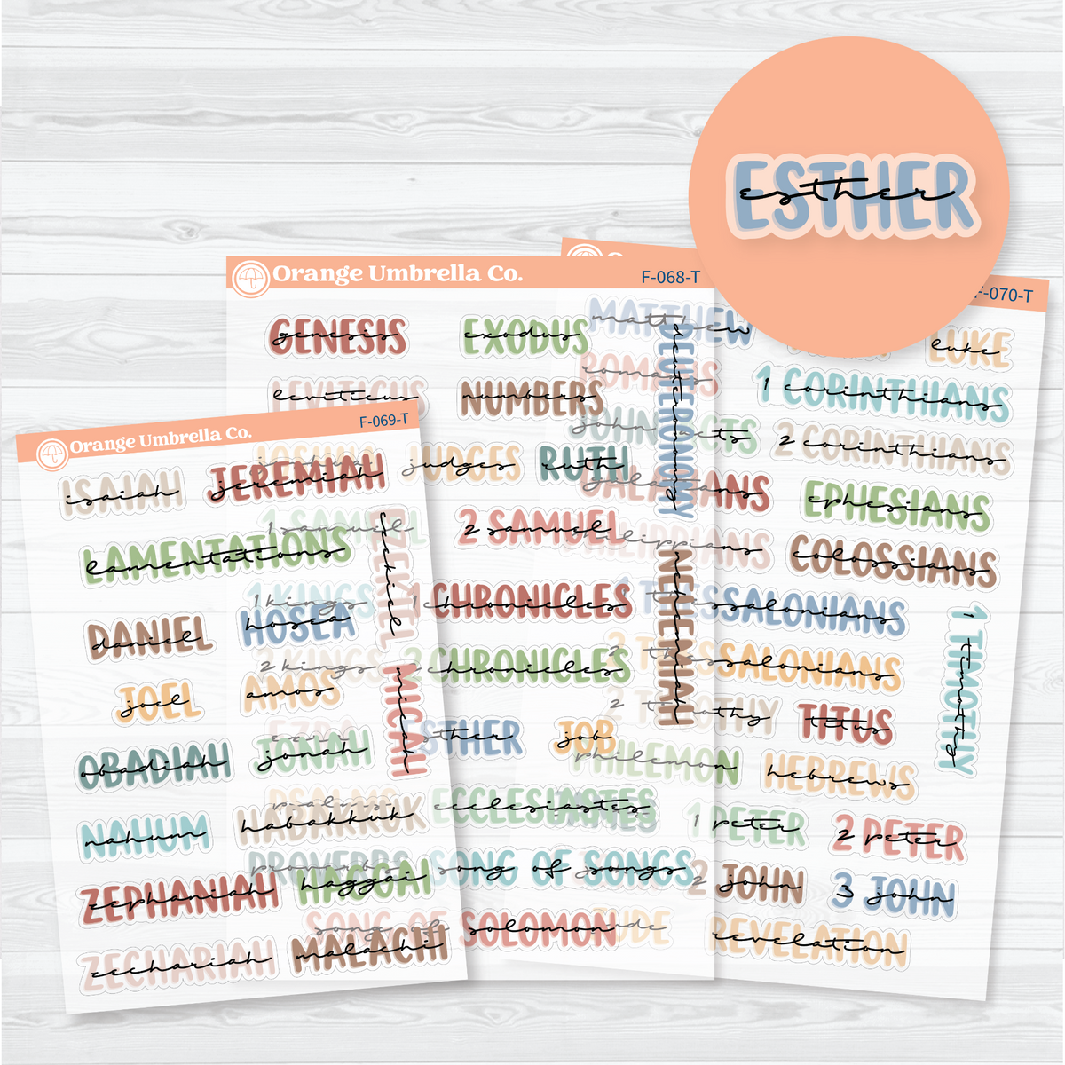 Clear matte Three-sheet Large Books of the Bible sticker set in Tranquility with layered uppercase and script lettering for Old and New Testament faith journal headings.