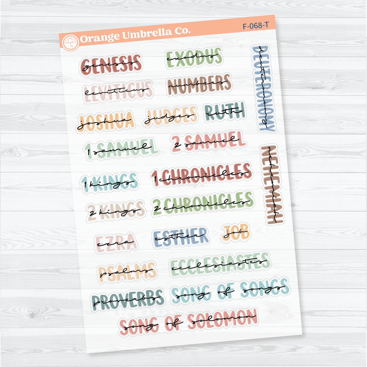 Clear matte Large Old Testament Books of the Bible Sheet 1 stickers in Tranquility with layered uppercase and script lettering for faith journals.